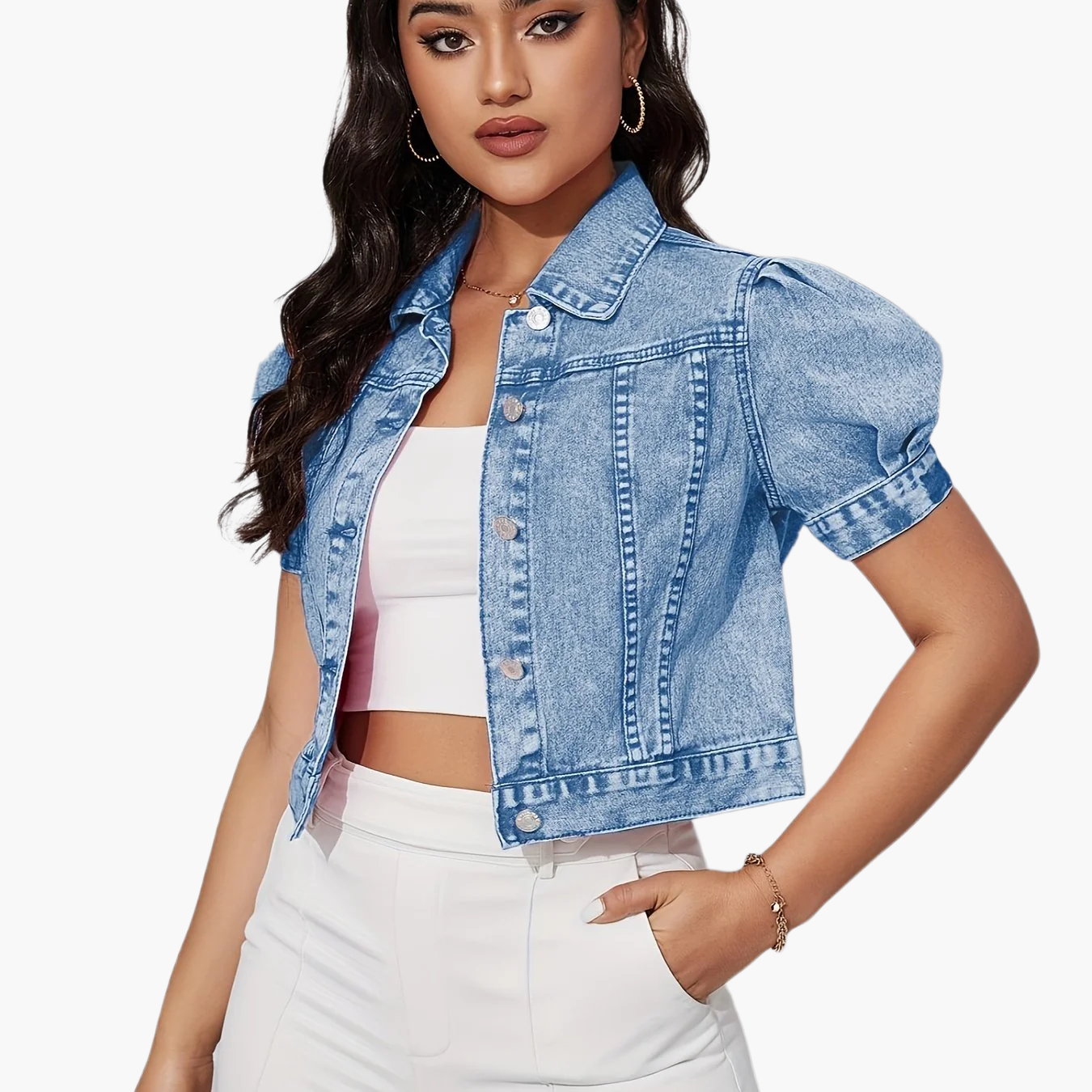 Giacca di jeans da donna a manica corta in stile cropped di tendenza – Look alla moda per tempo libero e vita quotidiana