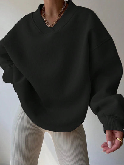 Schwarzer Oversized Pullover Damen V-Ausschnitt Freizeit