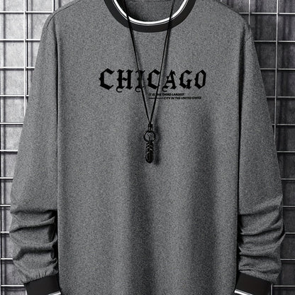 Herren Langarmshirt mit Chicago-Schriftzug und Rippbündchen, Rundhalsausschnitt