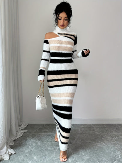 Abito maxi da donna in maglia a righe, a collo alto, con spalle cut-out