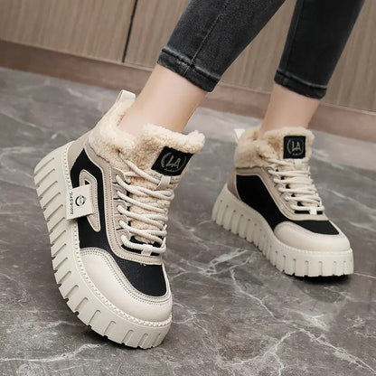 Damen Plateau Sneaker Stiefel Fütterung Schwarz Beige