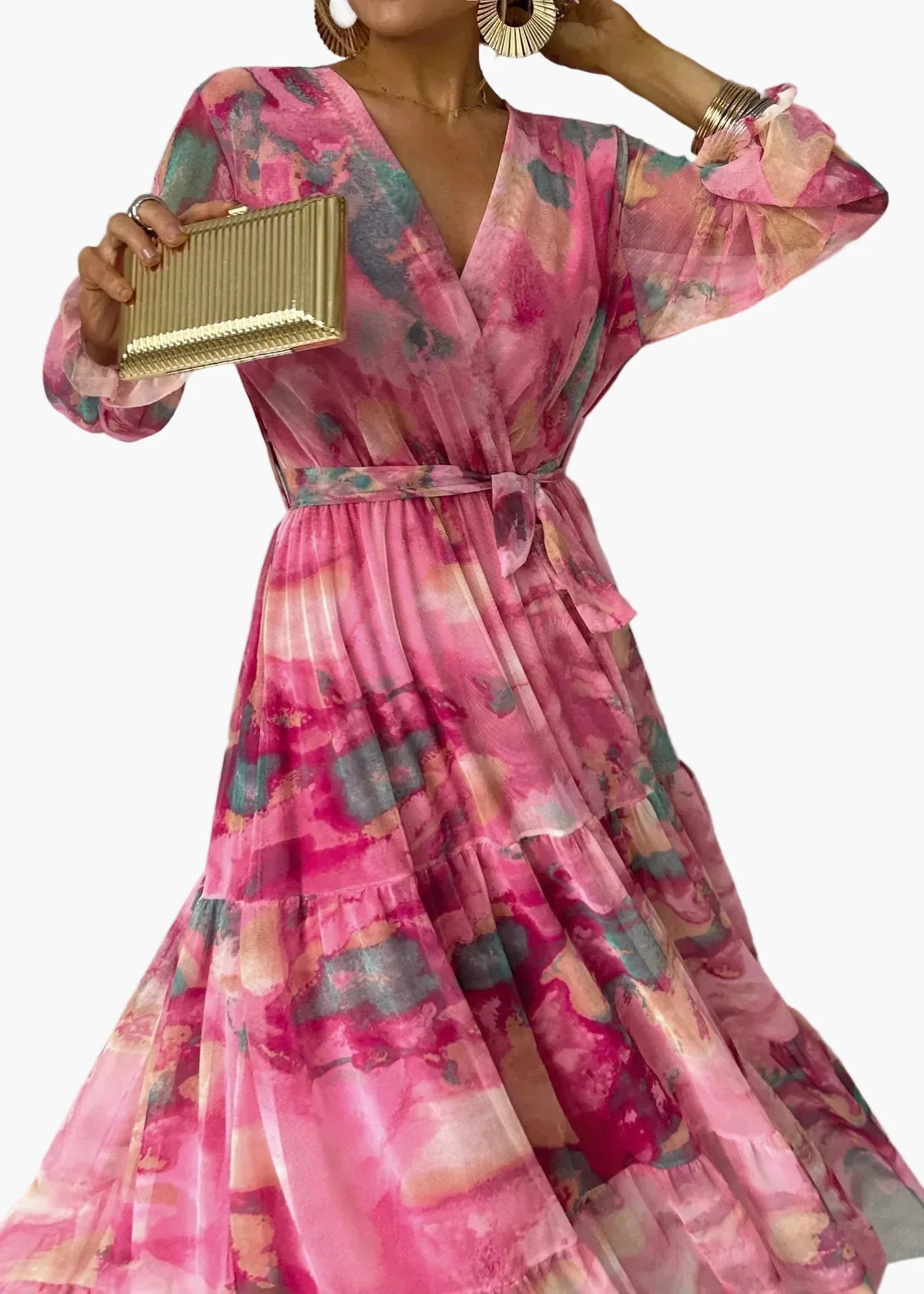 Vestido largo cruzado para mujer, festivo y elegante – Vestido de noche moderno con estampado floral para ocasiones especiales