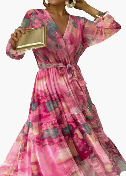Vestido largo cruzado para mujer, festivo y elegante – Vestido de noche moderno con estampado floral para ocasiones especiales