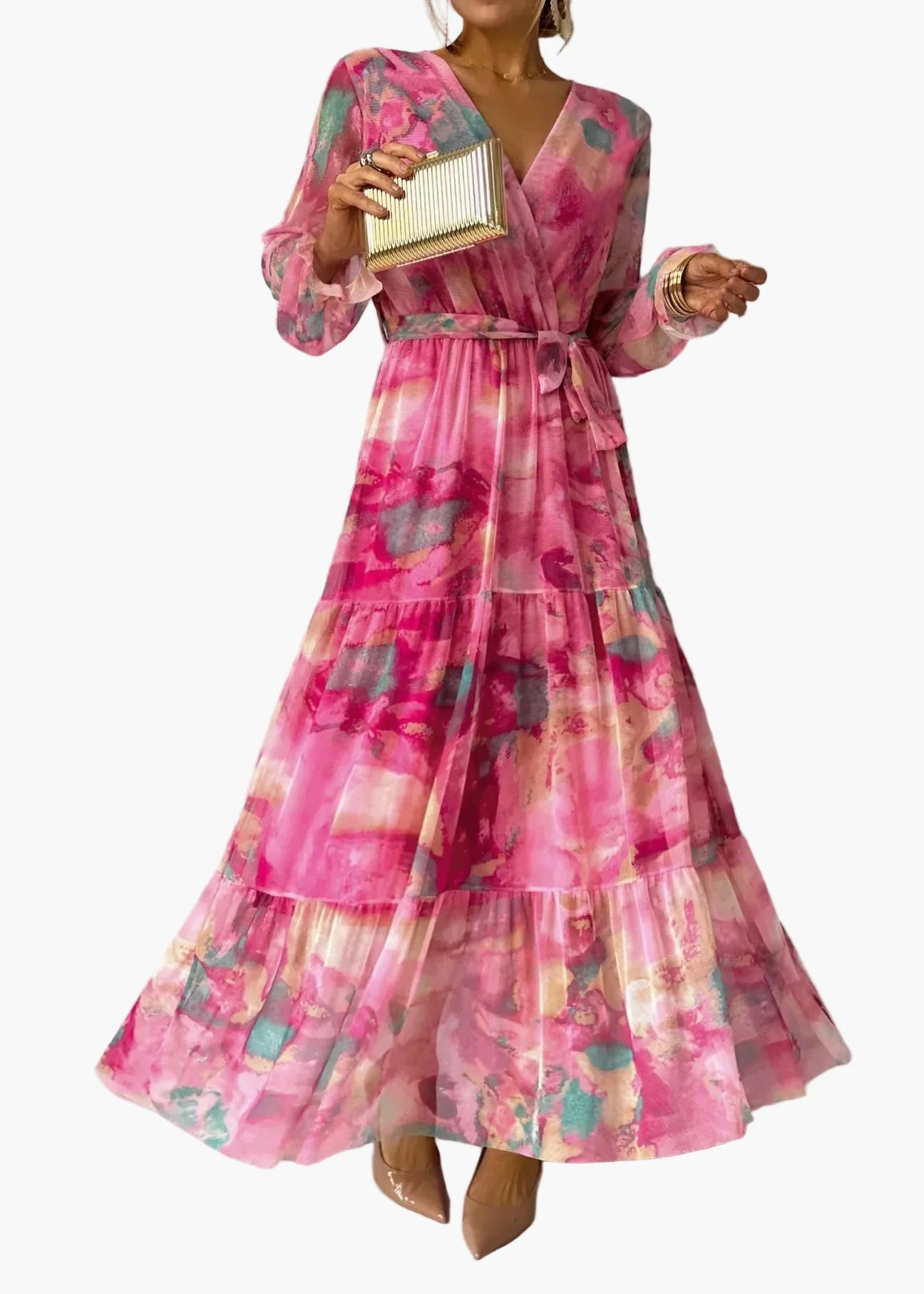 Vestido largo cruzado para mujer, festivo y elegante – Vestido de noche moderno con estampado floral para ocasiones especiales