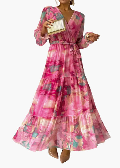 Vestido largo cruzado para mujer, festivo y elegante – Vestido de noche moderno con estampado floral para ocasiones especiales