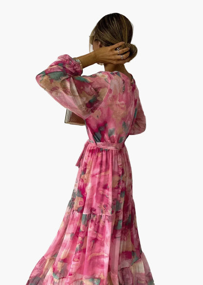 Vestido largo cruzado para mujer, festivo y elegante – Vestido de noche moderno con estampado floral para ocasiones especiales