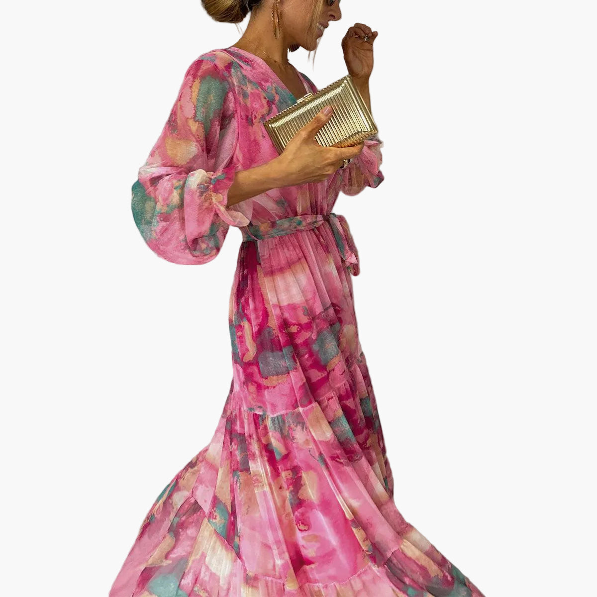 Vestido largo cruzado para mujer, festivo y elegante – Vestido de noche moderno con estampado floral para ocasiones especiales