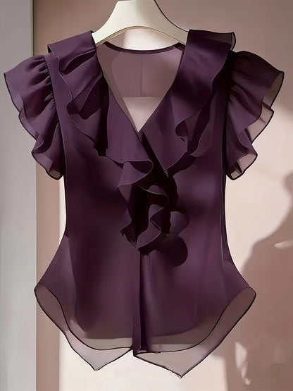 Damevolantbluse med V-hals og volanger – Elegant chiffongbluse for kontor og kveld