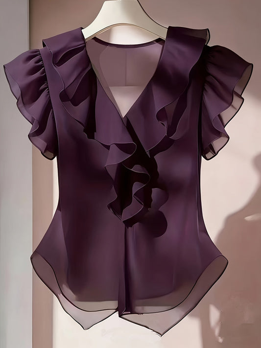 Damen Volant-Bluse mit V-Ausschnitt und Rüschen – Elegante Chiffon-Bluse für Büro & Abend