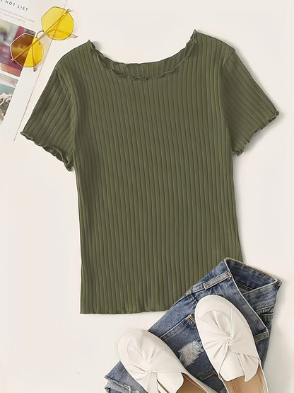 Damen Basic Kurzarm Shirt mit Rippstruktur und Wellensaum – Stilvolles Alltagsoberteil