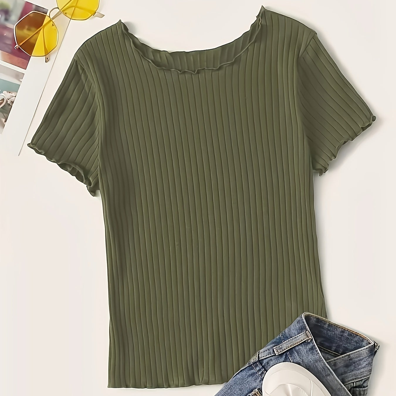 Damen Basic Kurzarm Shirt mit Rippstruktur und Wellensaum – Stilvolles Alltagsoberteil