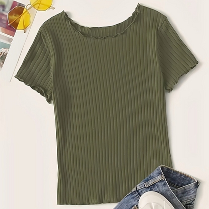 Damen Basic Kurzarm Shirt mit Rippstruktur und Wellensaum – Stilvolles Alltagsoberteil