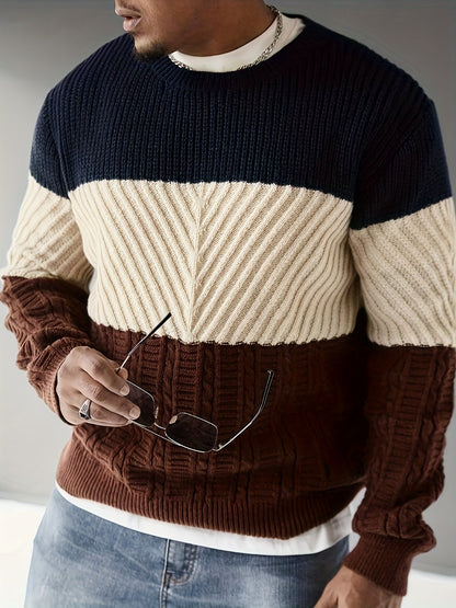 Maglione da uomo in maglia color block blu, beige e marrone, girocollo