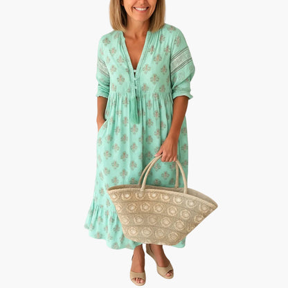 Dame midi boho-kjole med print og kvaster, sommerkjole til fritid med lommer