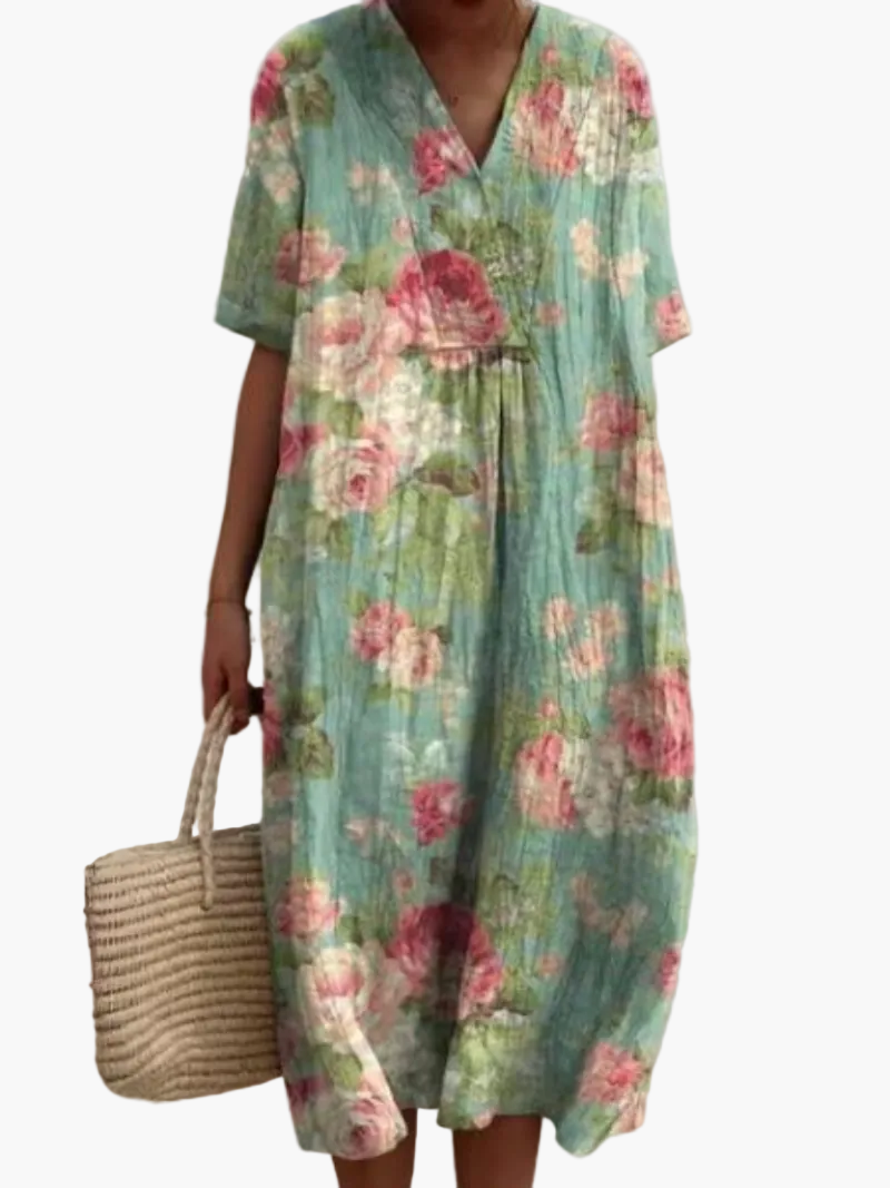 Dame sommerkjole i løs boho-stil – Fritidskjole med blomsterprint og V-udskæring, ideel til strand og hverdag