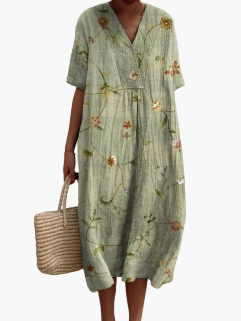 Dame sommerkjole i løs boho-stil – Fritidskjole med blomsterprint og V-udskæring, ideel til strand og hverdag