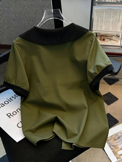 Dam Elegant blus med kontrastkrage och knappslå – Klassisk för kontor och vardag