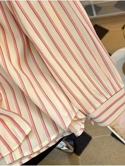 Camisa de rayas para mujer con cuello anudado en rosa