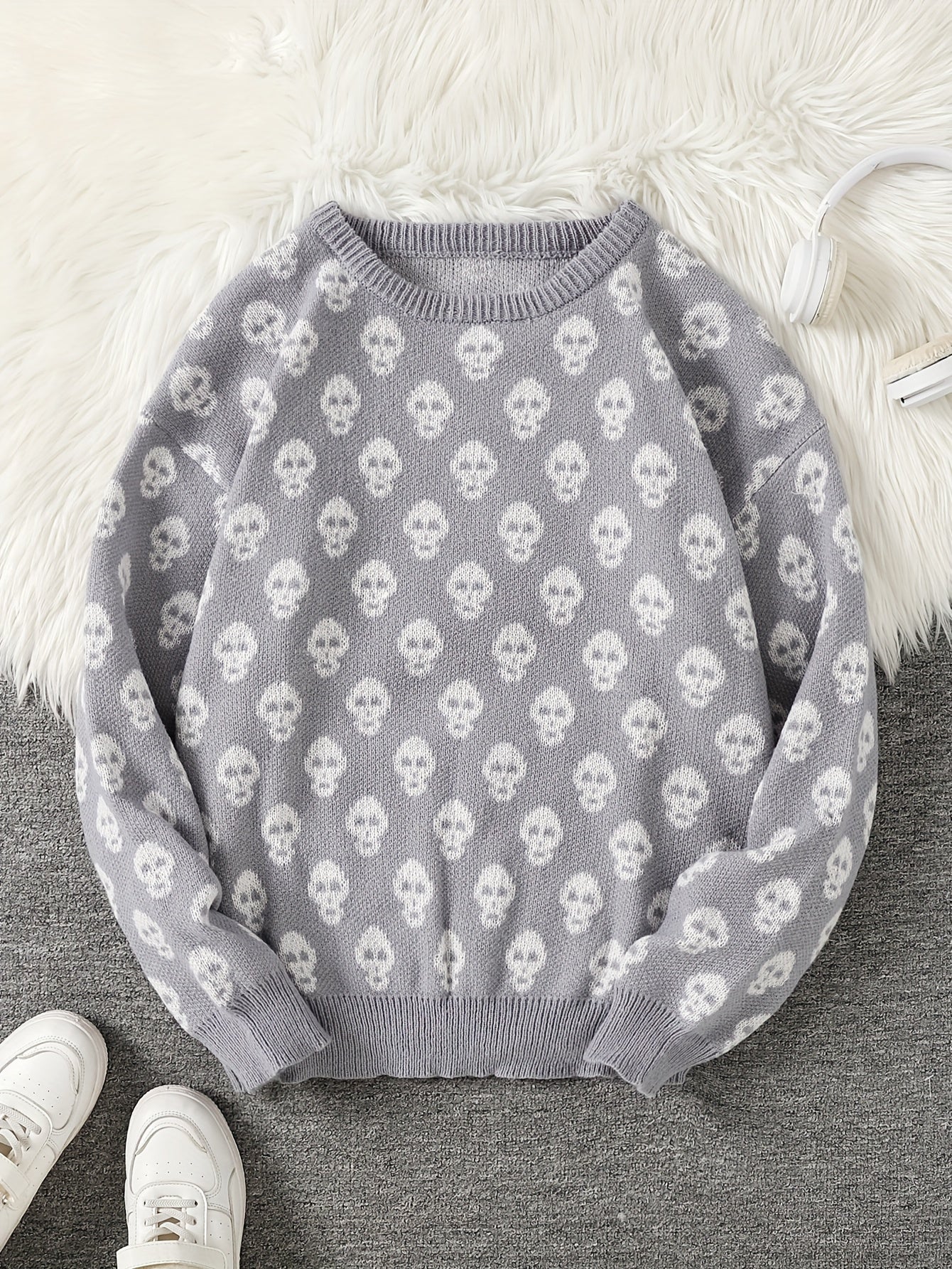 Jersey de punto unisex con cuello redondo, estampado de calavera y manga larga