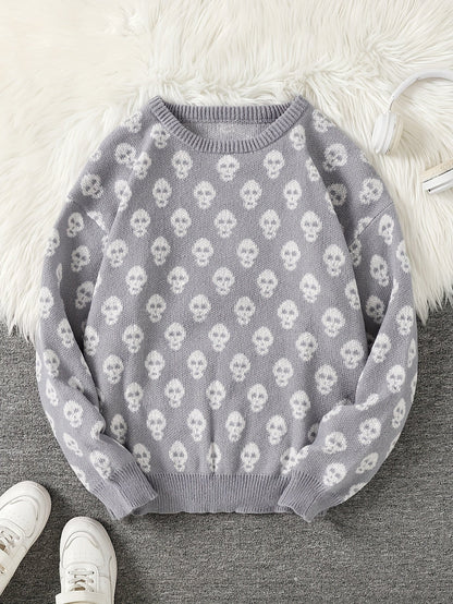 Jersey de punto unisex con cuello redondo, estampado de calavera y manga larga