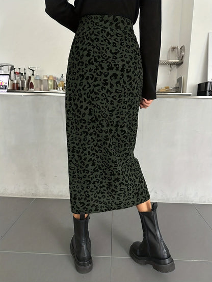 Gonna midi da donna con motivo leopardato e spacco