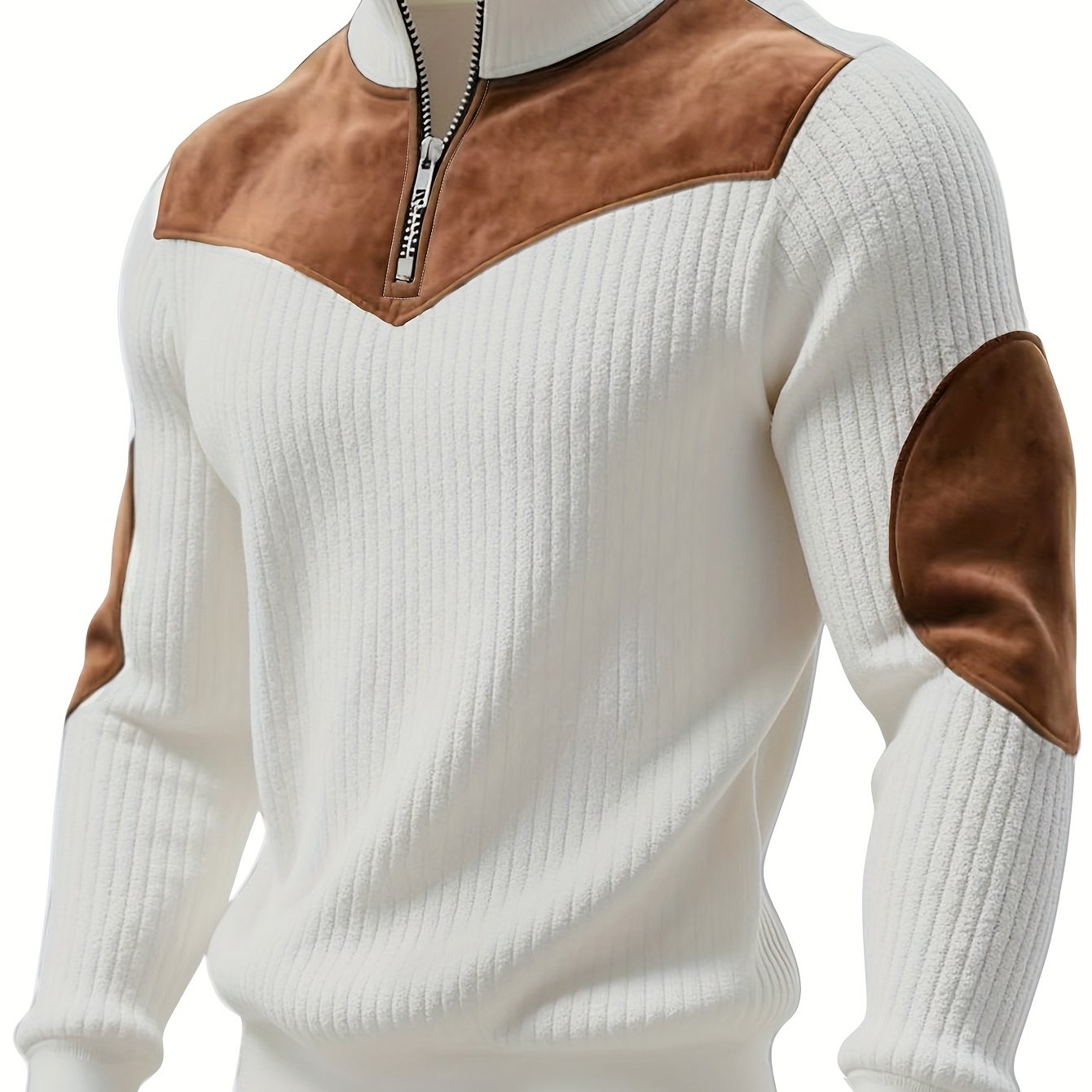Herren Rippstrick Pullover mit Reißverschluss Stehkragen und Patches