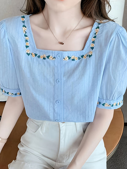 Damen Bluse mit Stickerei und quadratischem Ausschnitt – Eleganter Sommer-Look, Freizeit & Alltag