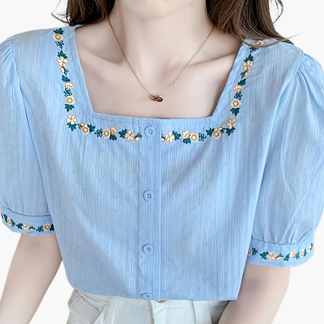 Damen Bluse mit Stickerei und quadratischem Ausschnitt – Eleganter Sommer-Look, Freizeit & Alltag