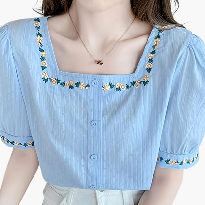 Damen Bluse mit Stickerei und quadratischem Ausschnitt – Eleganter Sommer-Look, Freizeit & Alltag