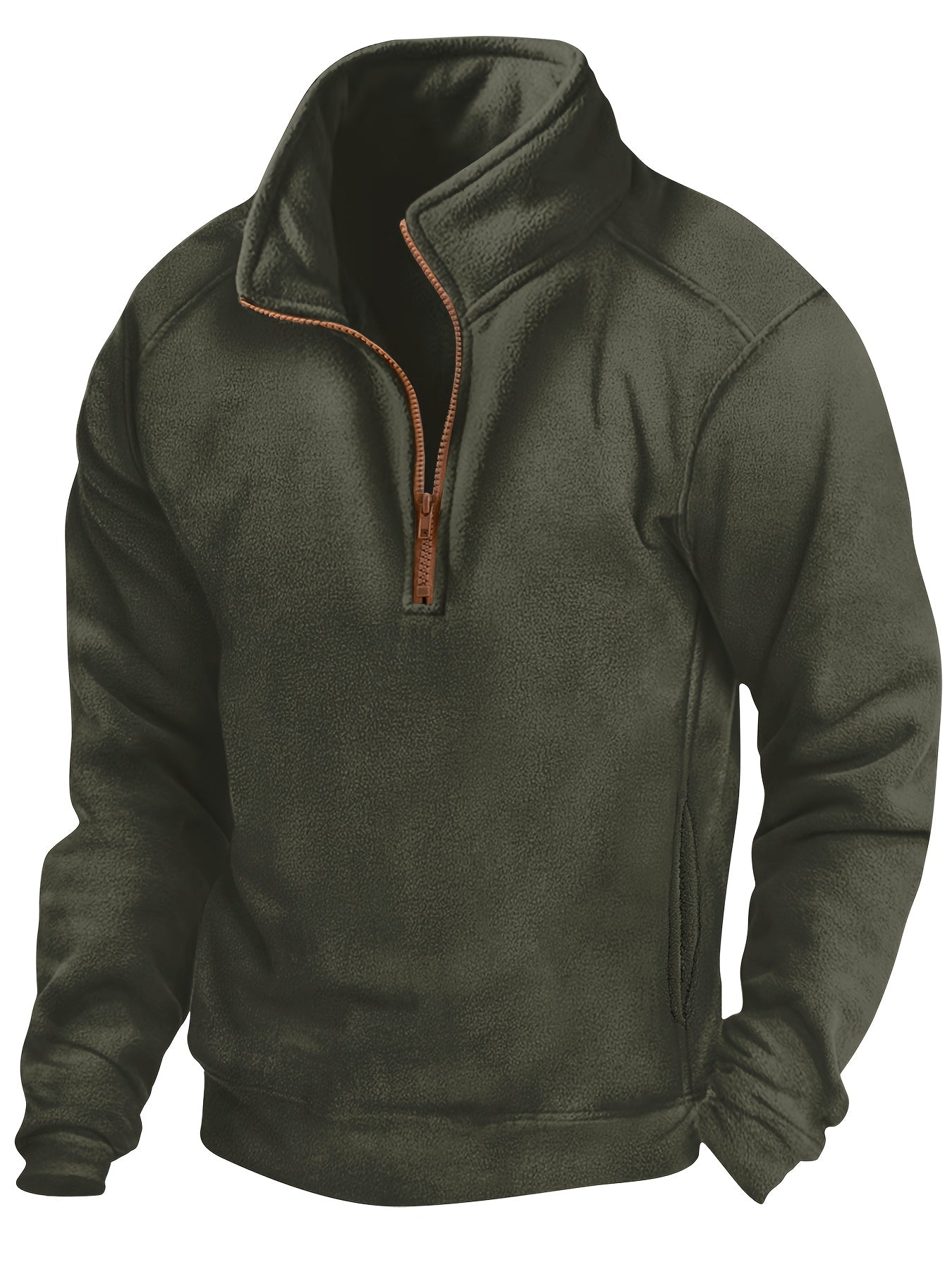 Fleece-pullover til mænd med ståkrave, halv lynlås, lange ærmer og lomme