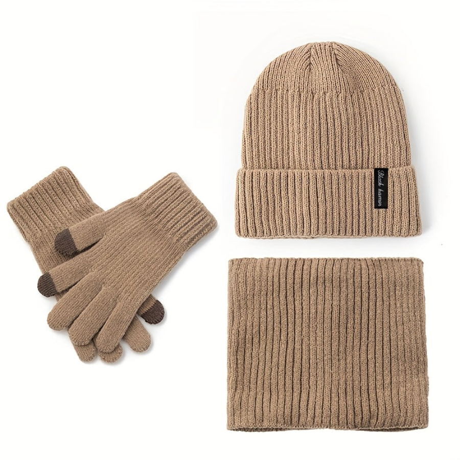 Winterset muts sjaal handschoenen ribbreisel fleecevoering, zwart