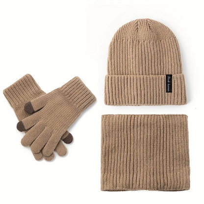 Winterset muts sjaal handschoenen ribbreisel fleecevoering, zwart