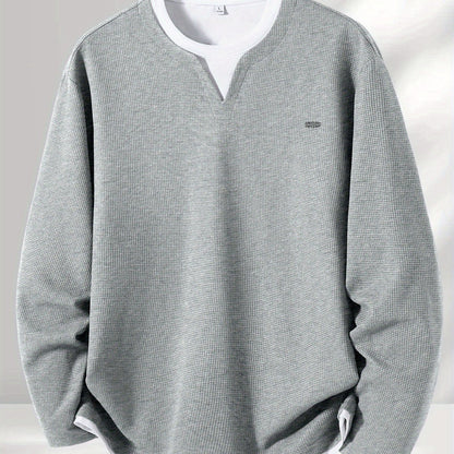Suéter de punto de gofre para hombre, con escote en V, mangas largas y color liso