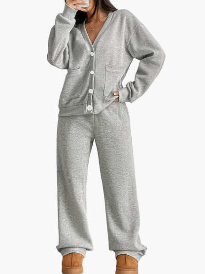 Dames loungewear set – Comfortabel vrijetijdshuispak met knoopsluiting voor thuis en dagelijks gebruik