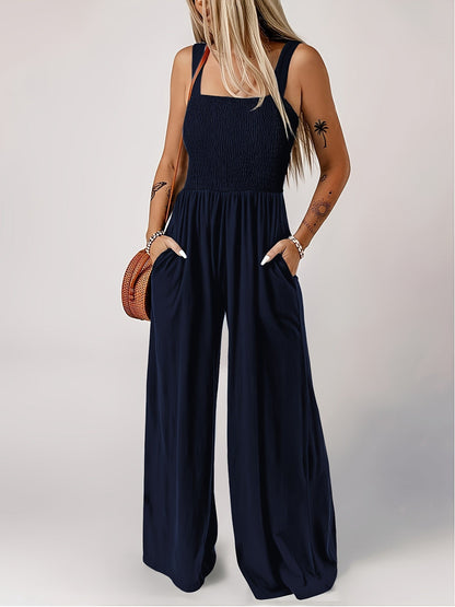 Mono elegante de mujer con parte superior fruncida y pierna ancha – Perfecto para primavera y verano