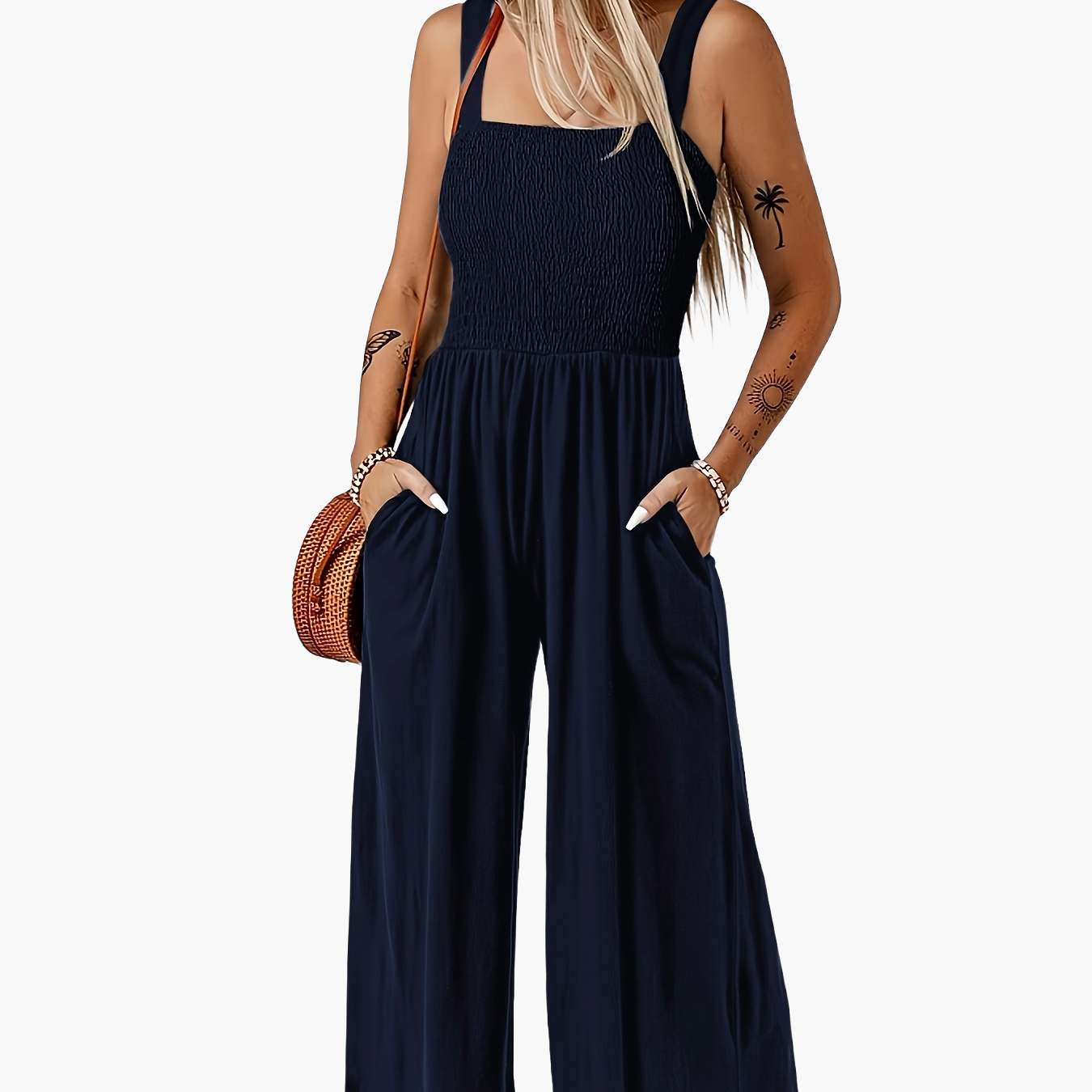 Mono elegante de mujer con parte superior fruncida y pierna ancha – Perfecto para primavera y verano