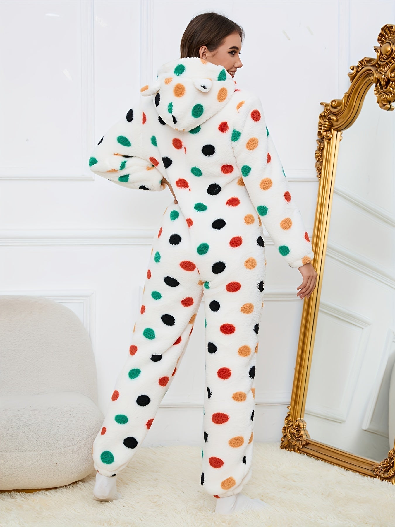 Damen Flauschiger Onesie mit Kapuze & Teddybär-Muster Rosa