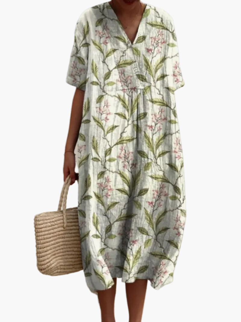 Dame sommerkjole i løs boho-stil – Fritidskjole med blomsterprint og V-udskæring, ideel til strand og hverdag