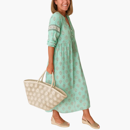 Dame midi boho-kjole med print og kvaster, sommerkjole til fritid med lommer