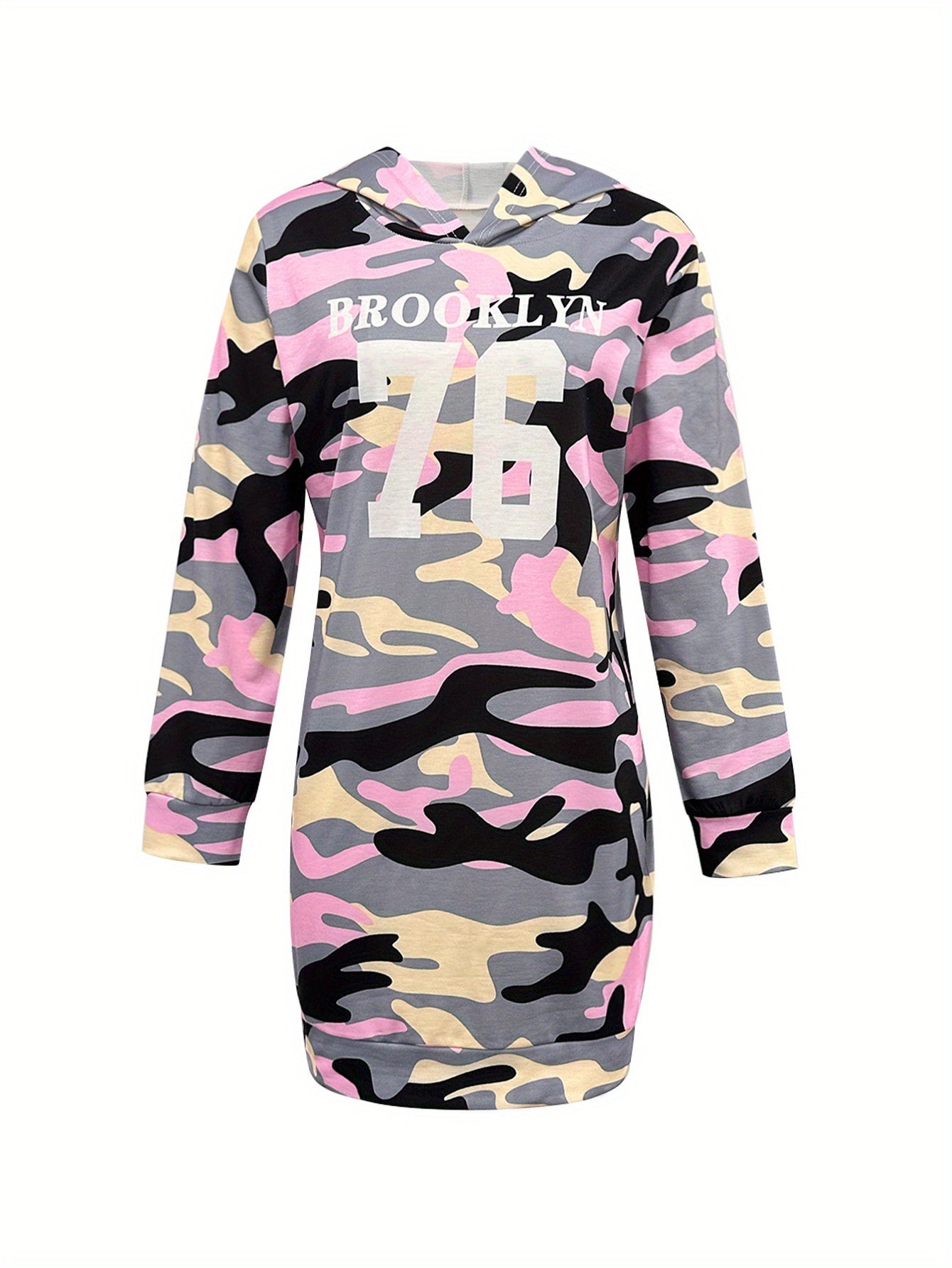 Dameshoodiejurk met camouflagemotief, roze en grijs, lange mouwen