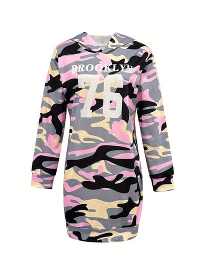 Dameshoodiejurk met camouflagemotief, roze en grijs, lange mouwen