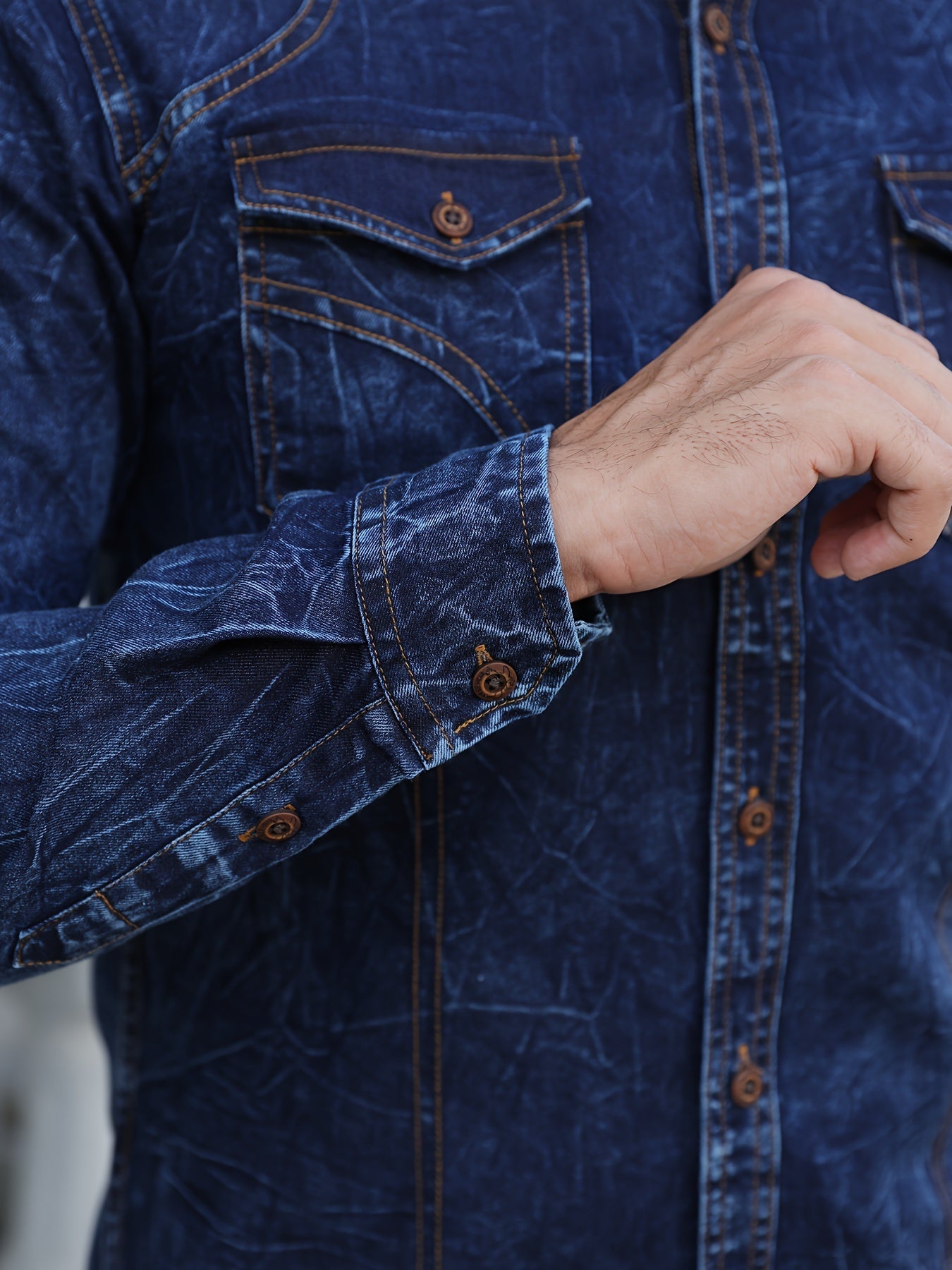 Herenoverhemd met lange mouwen, blauw, used-look, met borstzakken