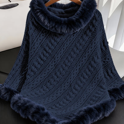 Strickponcho Damen mit Kunstfellbesatz Zopfmuster Kapuze