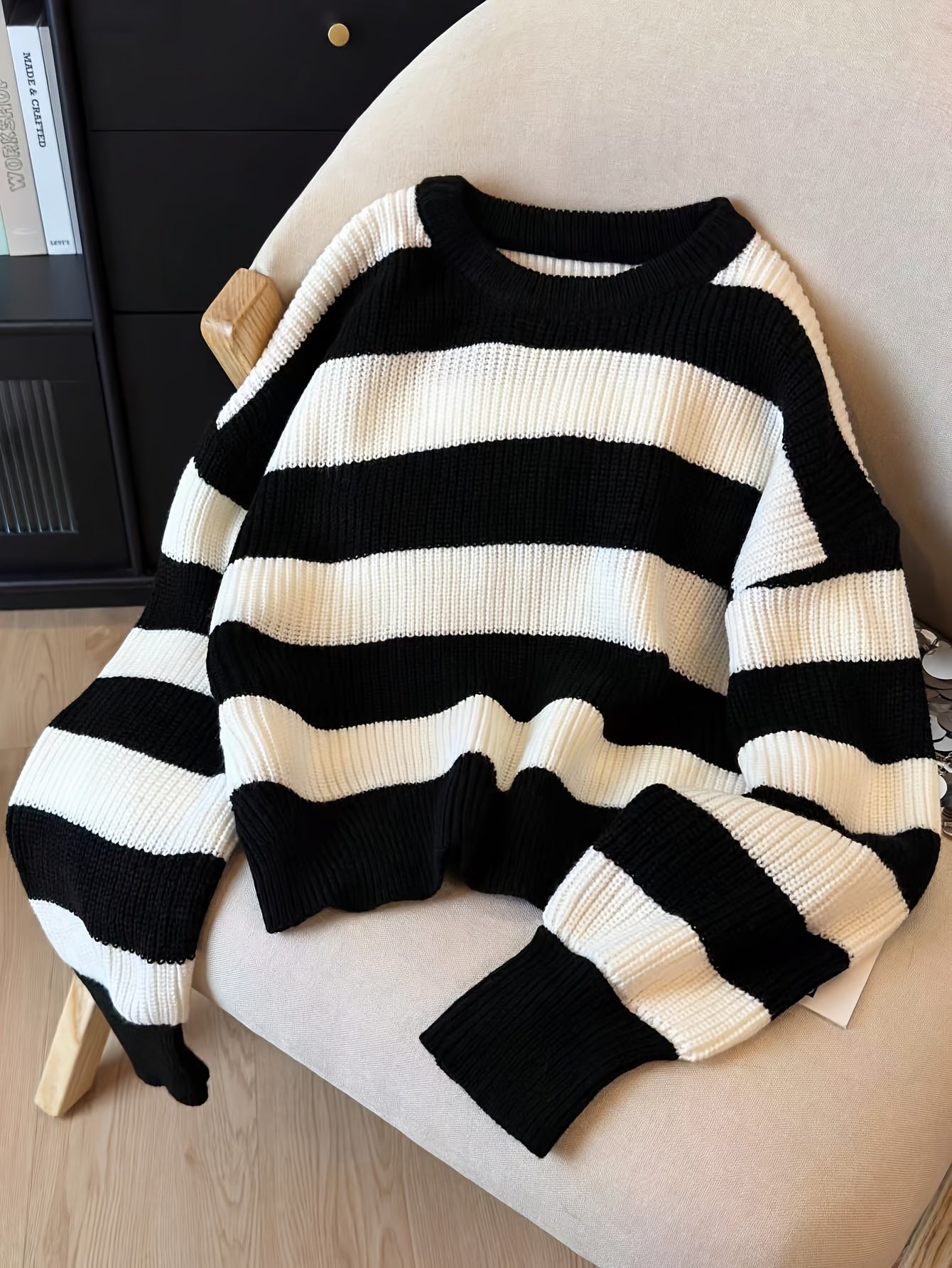 Gestreifter Pullover Damen Schwarz Weiß Langarm Rundhals Strickpullover