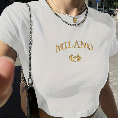 T-shirt corta da donna in stile Y2K con ricamo "MILANO" – Top estivo alla moda