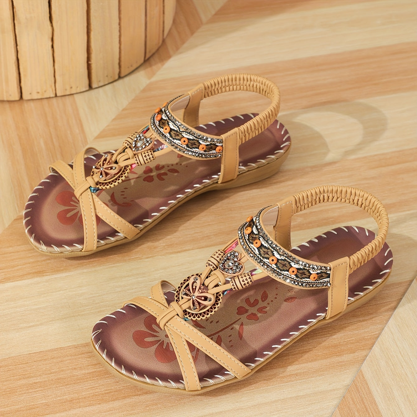 Sandalias bohemias para mujer con decoración étnica de perlas y plantilla cómoda – Tendencia de verano y ocio