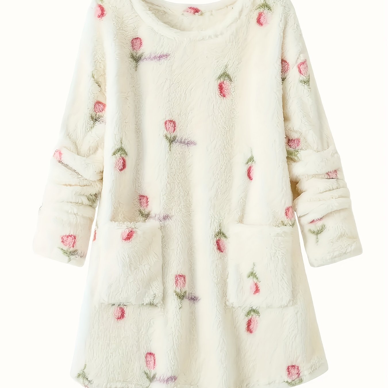 Camicia da notte da donna in peluche, a maniche lunghe, con scollo rotondo, tasche e ricami floreali