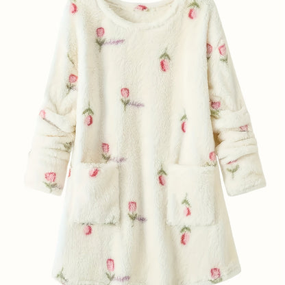 Camicia da notte da donna in peluche, a maniche lunghe, con scollo rotondo, tasche e ricami floreali