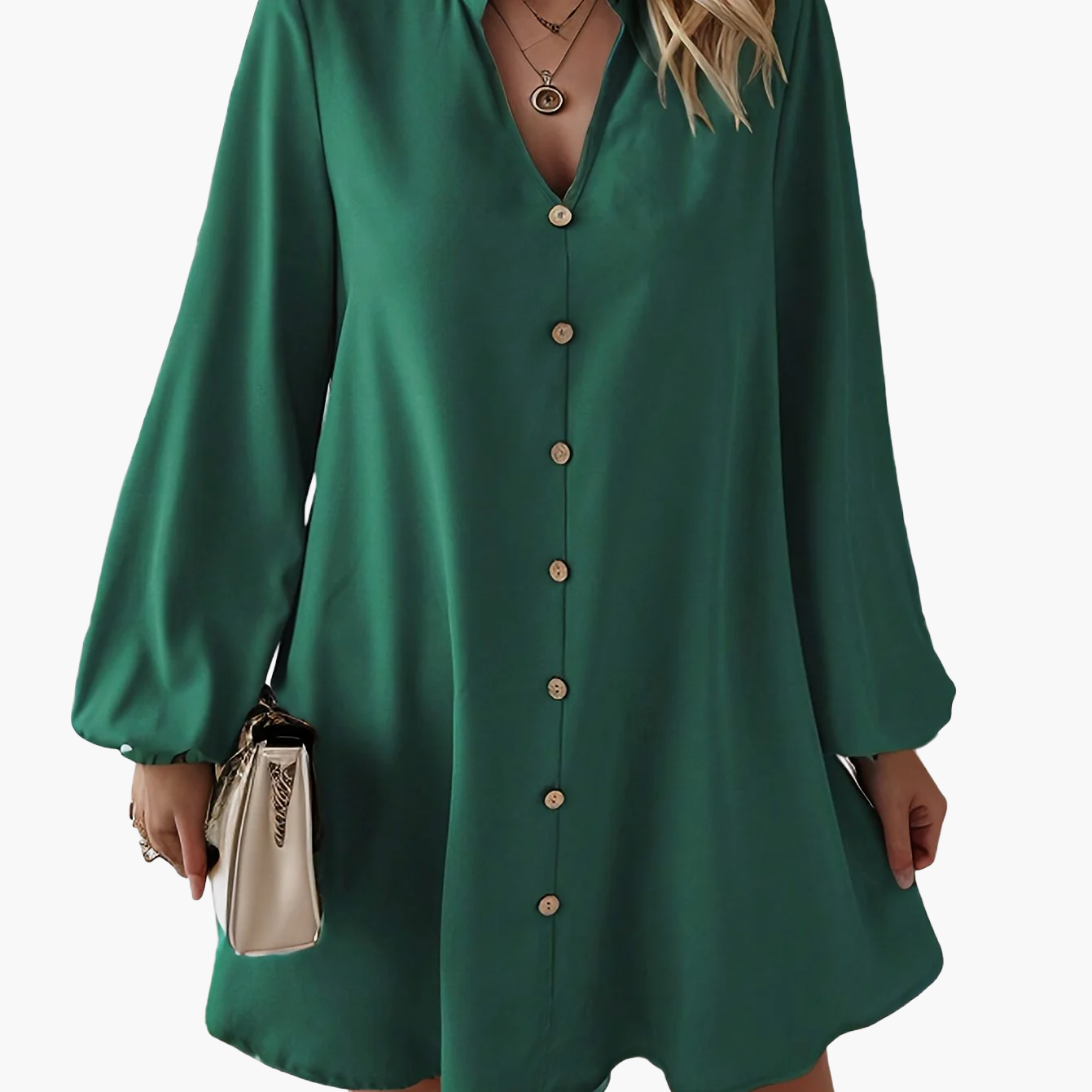 Damen Elegantes Freizeitkleid mit Knopfleiste und V-Ausschnitt – Lockerer Schnitt für Alltag und Büro