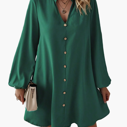 Damen Elegantes Freizeitkleid mit Knopfleiste und V-Ausschnitt – Lockerer Schnitt für Alltag und Büro